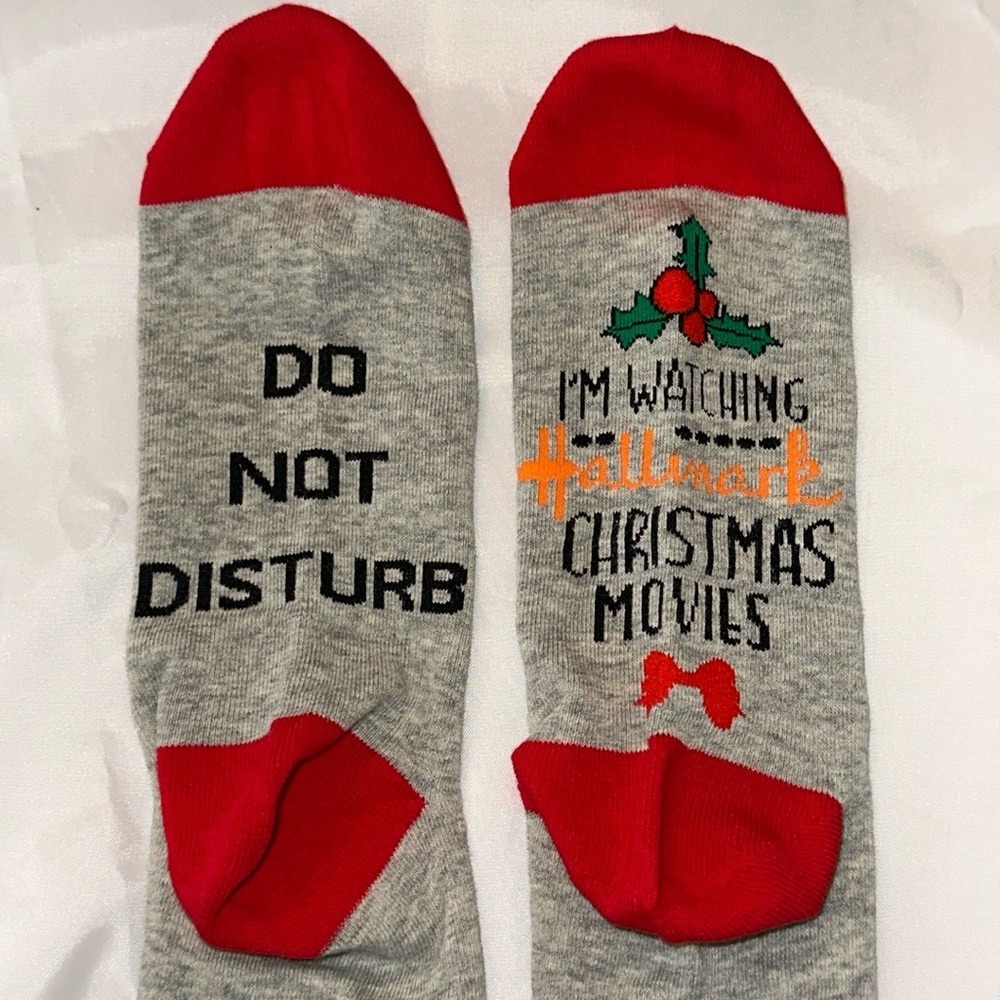 Hallmark Christmas Movies Socks Do Not Disturb Gray Red Holiday Crew Socks